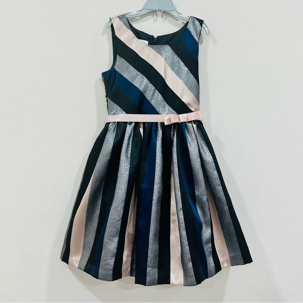 BONNIE JEAN, KIDS‎ 10 BLUE SILVER METALLIC STRIPED FANCY PARTY DRESS